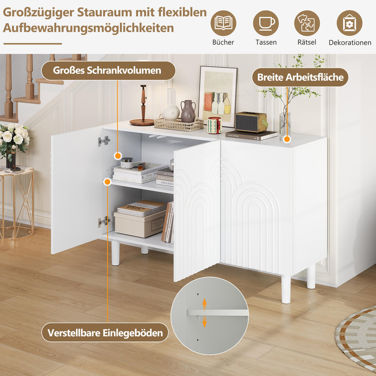 SIDEBOARD 120 cm in Weiß Kommode mit 3 Designtüren & verstellbaren Fächern - Weiß, Holzwerkstoff (120/79/38.5cm) - Urban Meuble