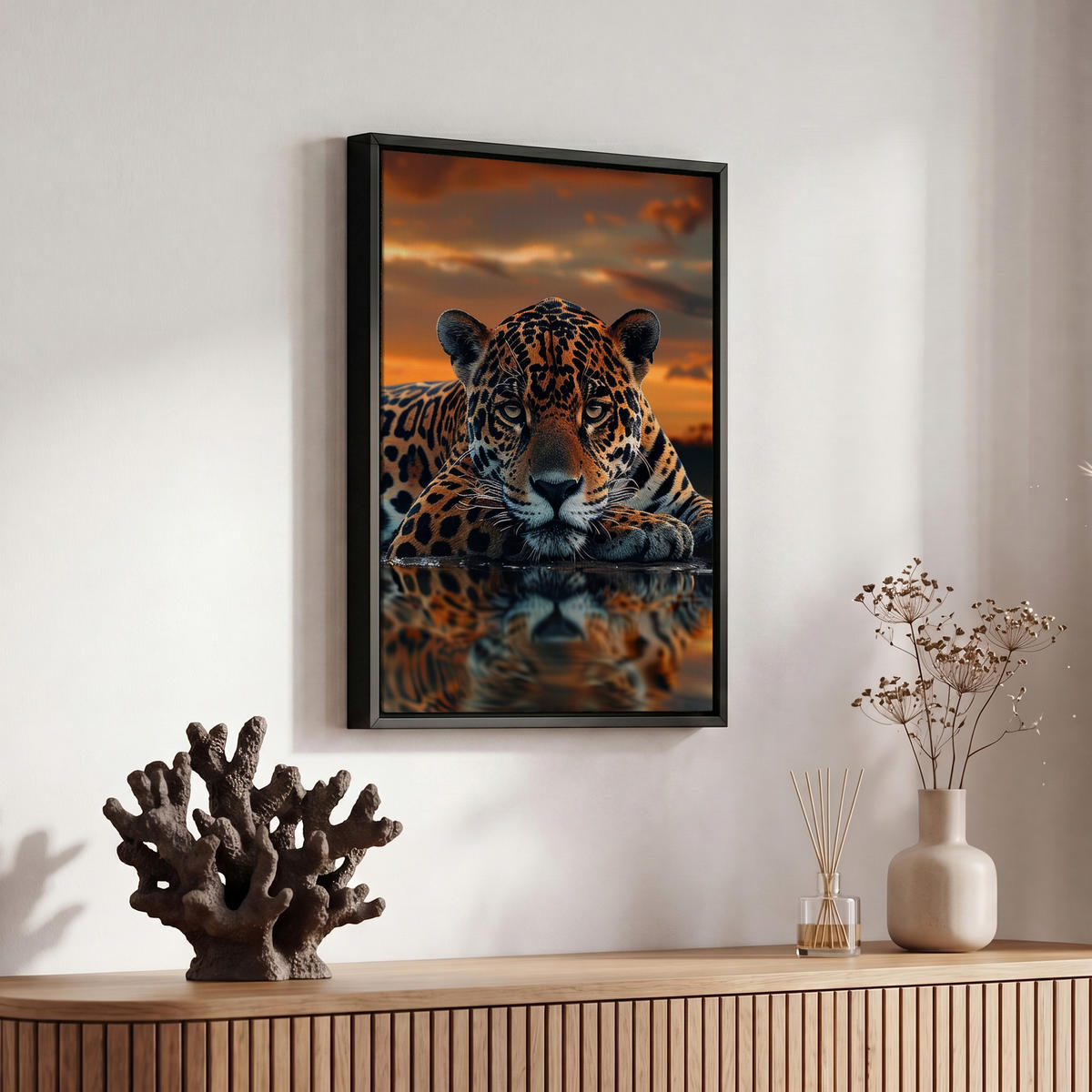 LEINWAND Bilder mit Rahmen - Natur - Leopard - Tier - Sonnenuntergang - Modern - 20x30 - Orange, Textil (20/30cm) - MuchoWow