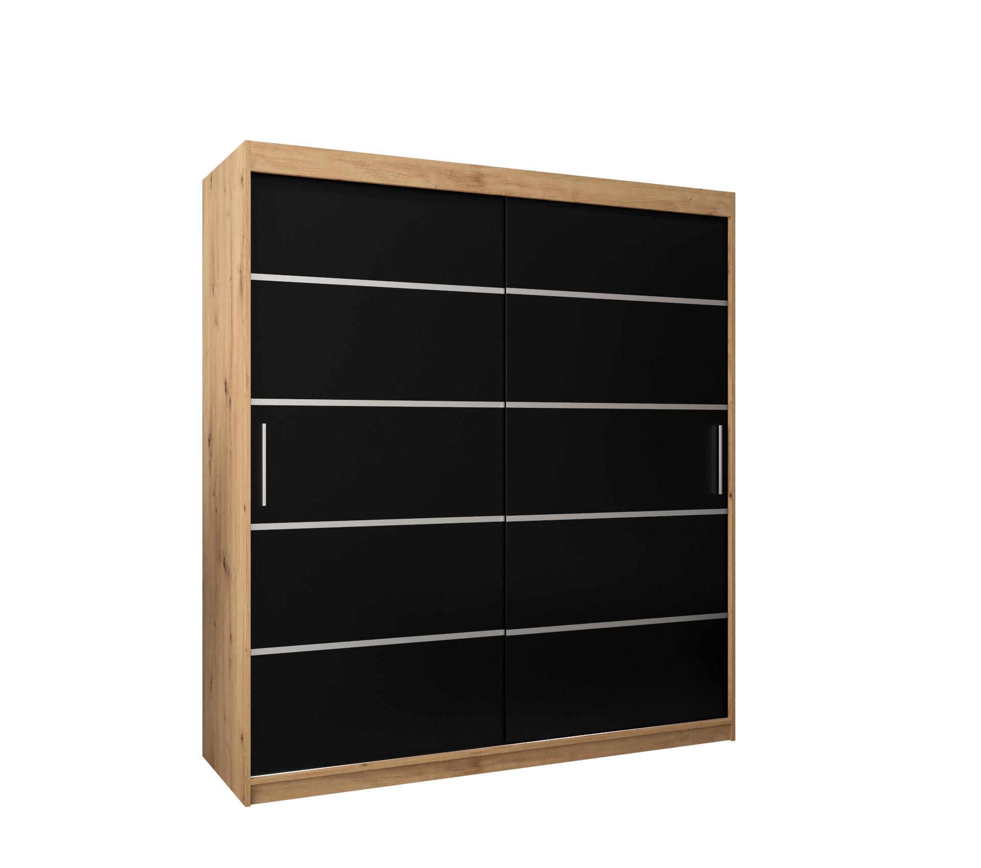 Möbel Kryspol Schwebetürenschrank Eiche Artisan, Schwarz, Silber 180x200x62 cm