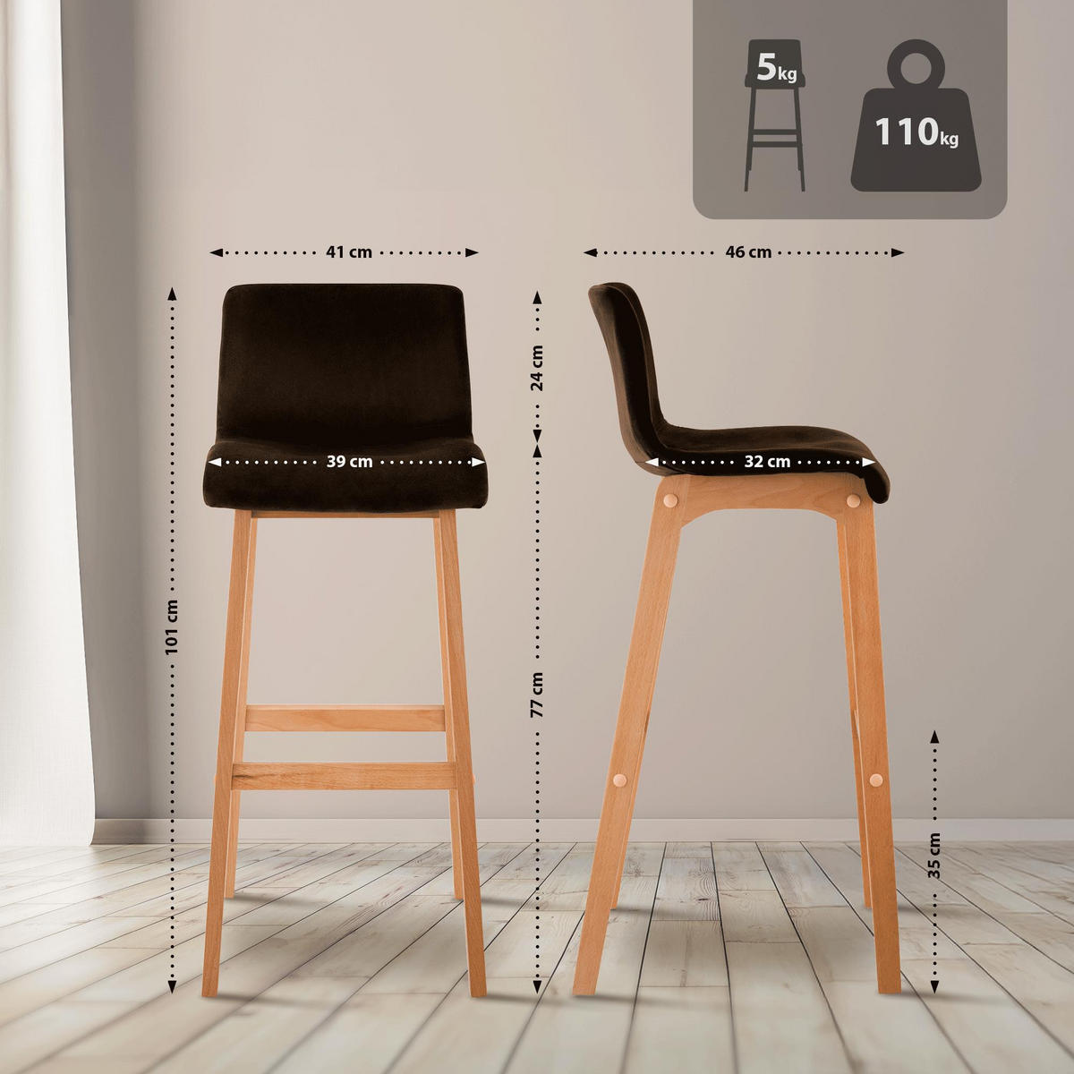 BARHOCKER Samt Braun - Eukalyptusholzfarben/Braun, Holz/Textil (41/101/46cm) - CLP