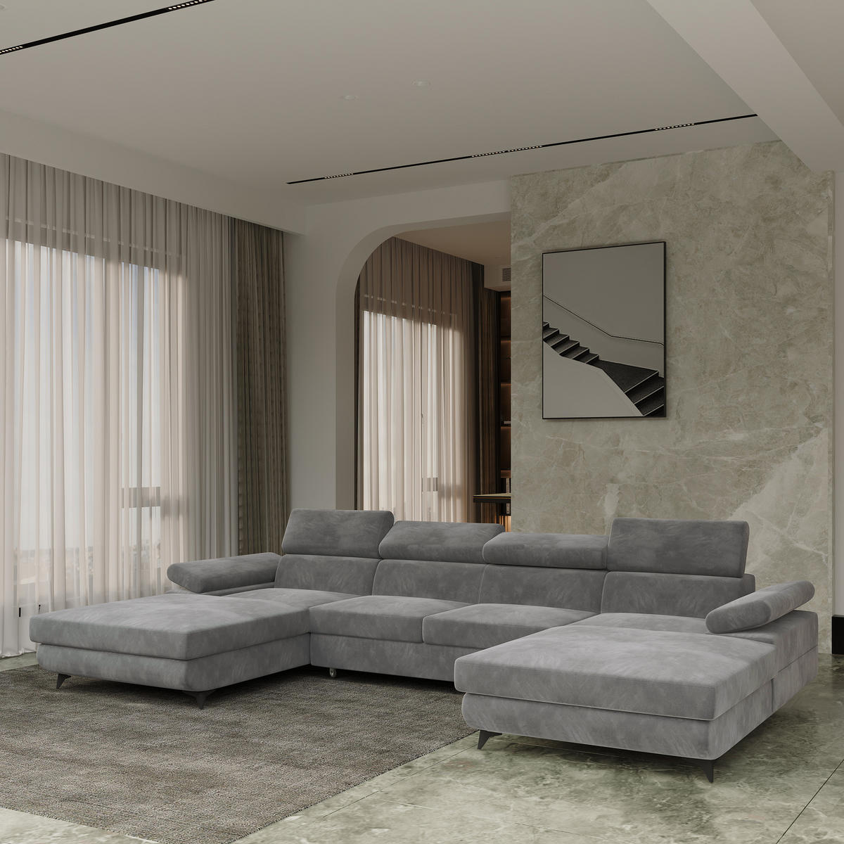 WOHNLANDSCHAFT DETTI Grau Velours-Stoff mit Schlaffunktion - Grau, Holz (339/89/190cm) - MASSENO