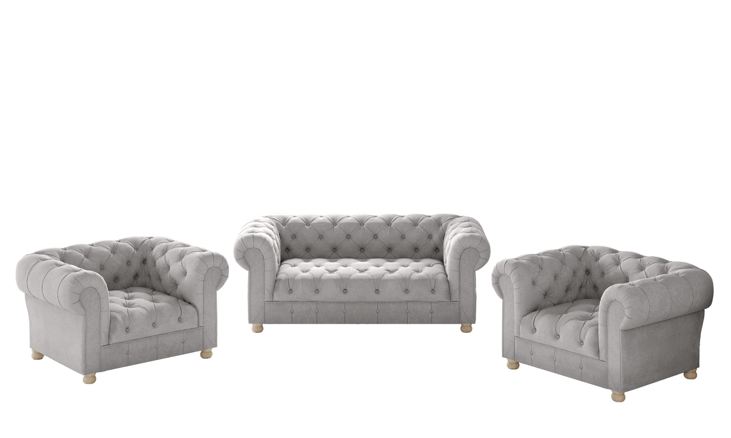 SITZGARNITUR CHESTERFIELD 2+1+1 Elegant Klassisch Schick Stoff Whisper Silber - Silberfarben, Holz (152/77/90cm) - Kaiser Möbel
