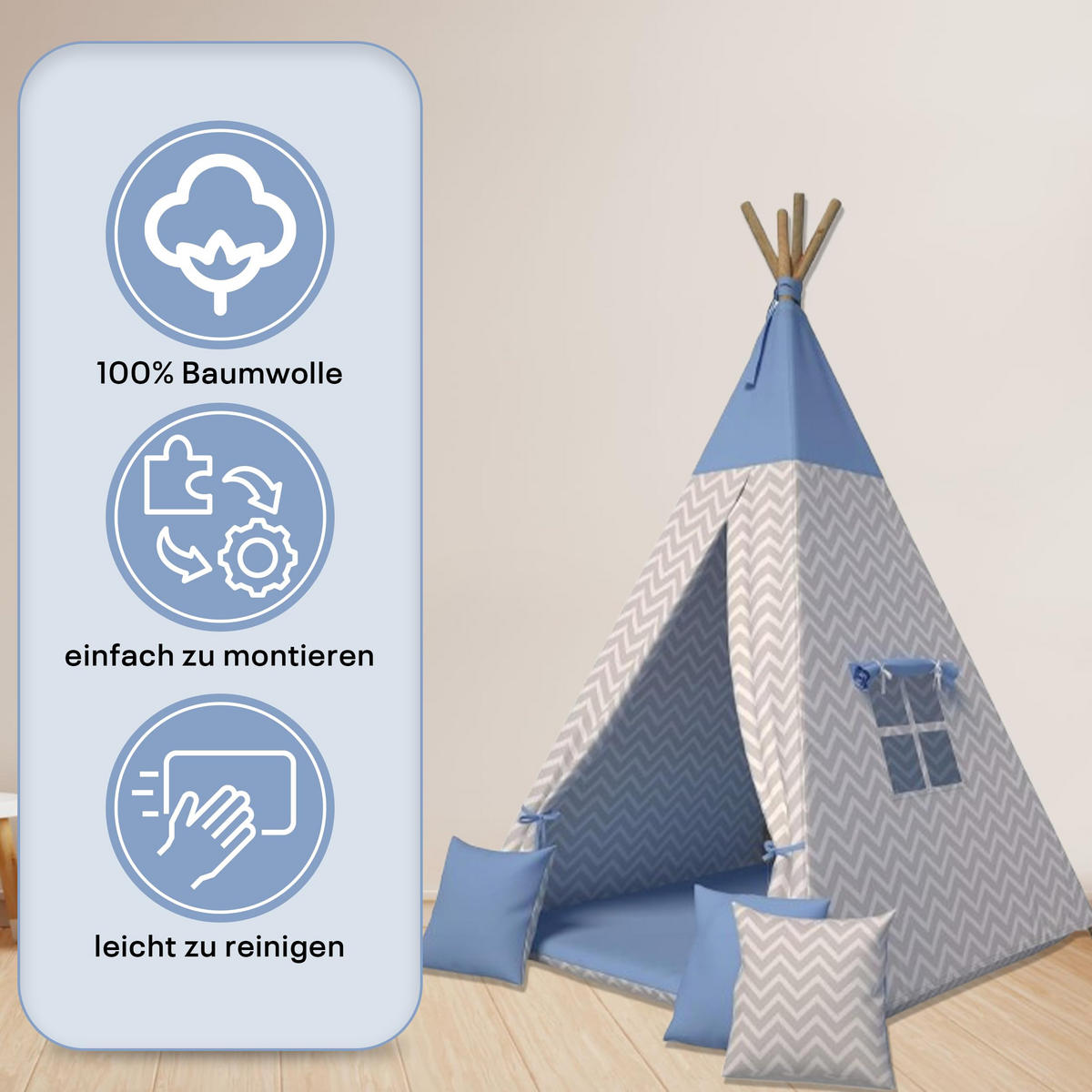 TIPI-ZELT 105 x 105 x 140 cm Zickzack blau mit weichen Kissen | Spielzelt für Kinderzimmer Indoor - Blau, Textil (105/105cm) - Best for Kids
