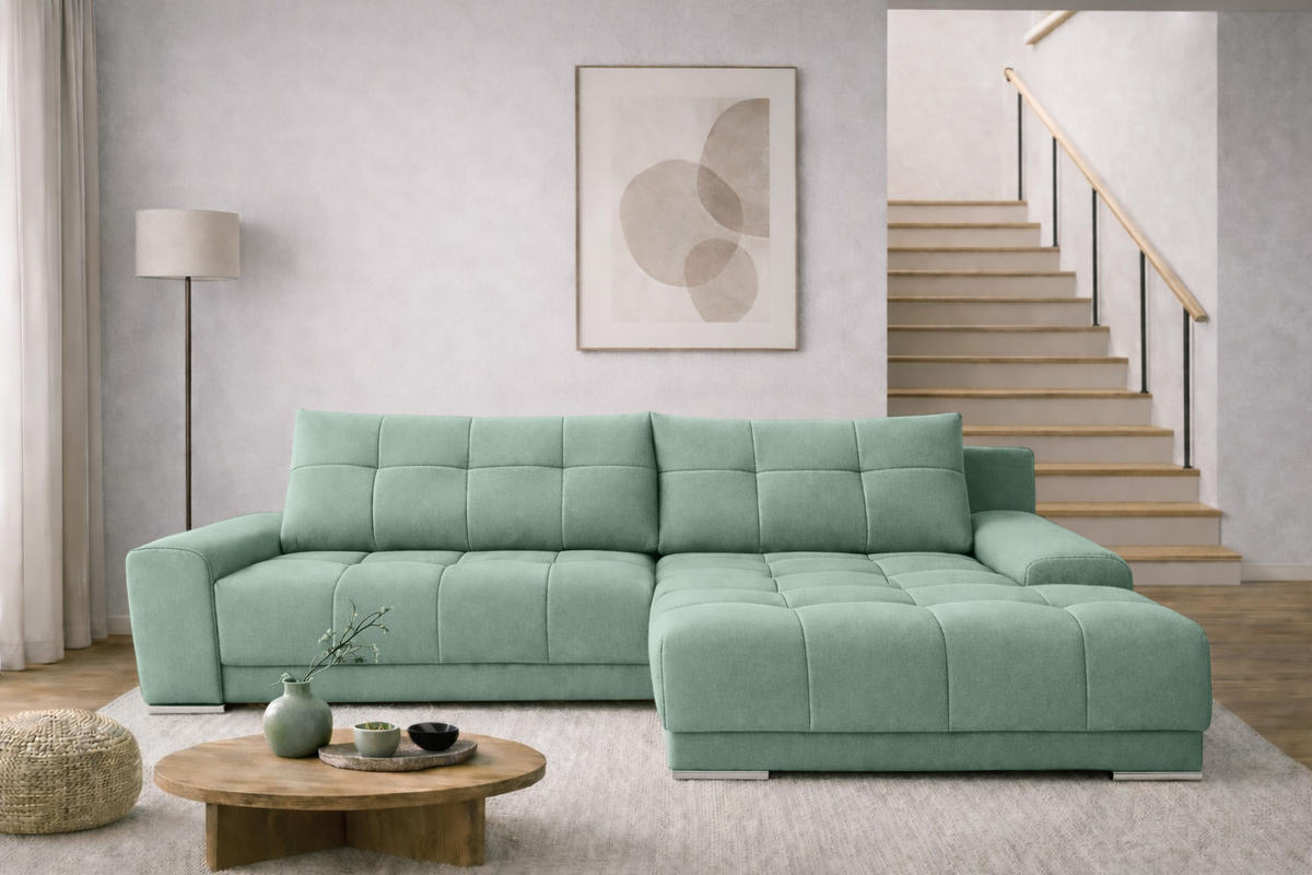 ECKSOFA WAVE Mit Schlaffunktion, Stoff SORO, Mintz Rechts - Mintgrün, Holz (281/105cm) - Kaiser Möbel