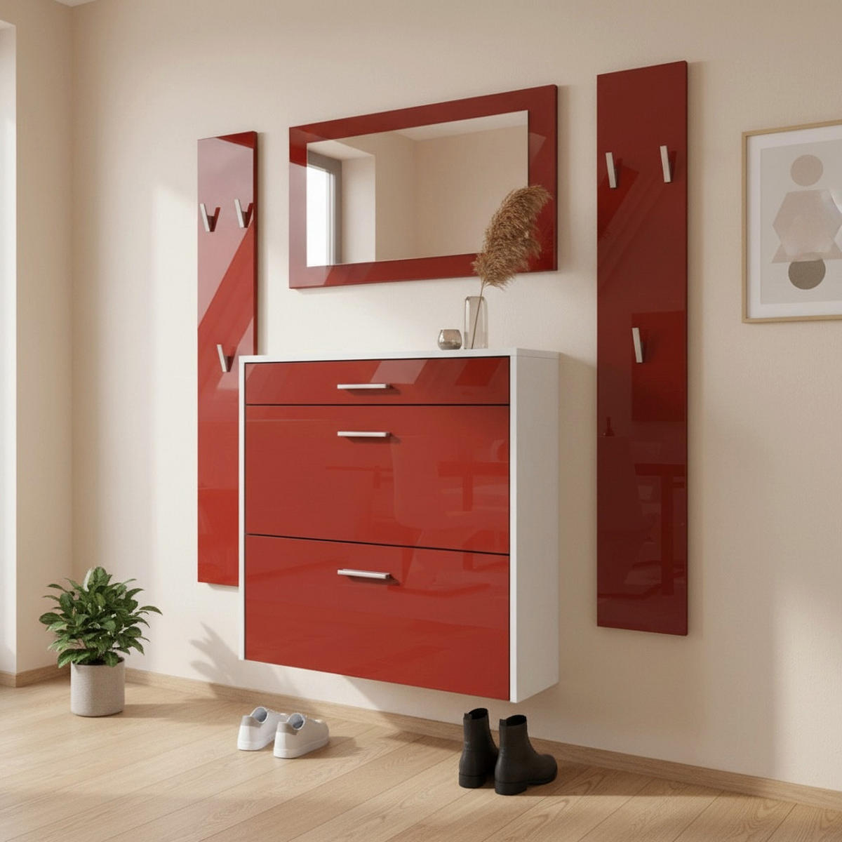 GARDEROBEN-SET Roma Air 4-teilig, Moderne Flurgarderoben Set mit Schuschrank, 2 Wandpaneele und Wandspiegel, Weiß matt/Bordeaux Hochglanz - Bordeaux, Holzwerkstoff (190/200/23cm) - InnoFurn