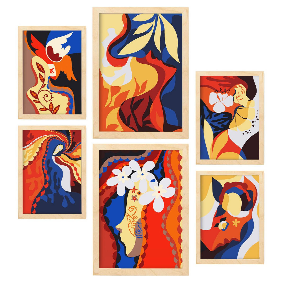 POSTER Set Mit 6 Zarte Collage im femininen abstrakten Stil Größe A3 & A4 Rahmen aus hellem Holz - Beige, Papier (29.7/1cm) - Nacnic