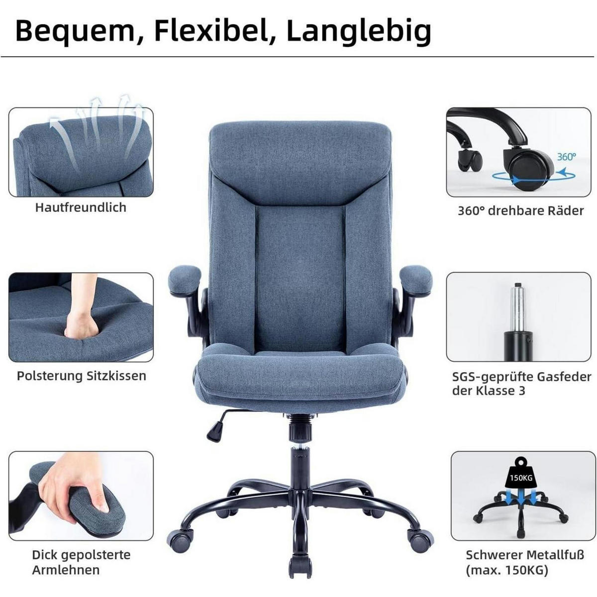 BÜROSTUHL mit hochklappbarer Armlehne Stoff Blau - Blau, Textil (68/113/70cm)
