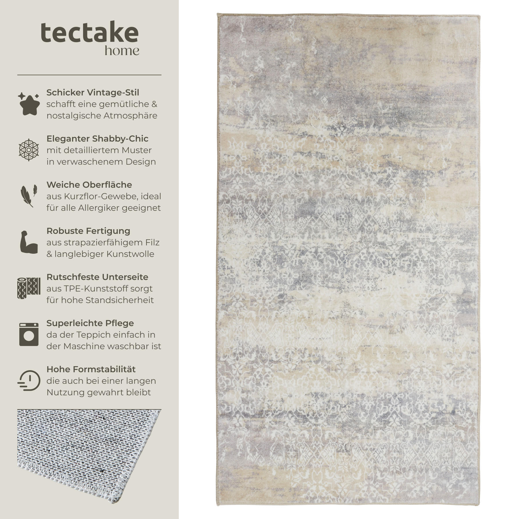 TEPPICH Vintage Design Dalia,rutschfeste Unterfläche,beige - Beige, Kunststoff (60/110cm) - tectake