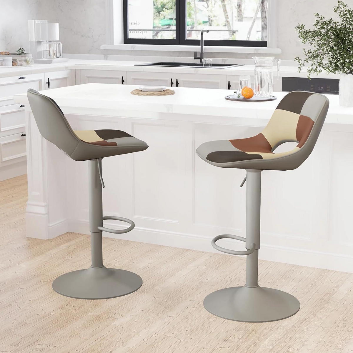 BARHOCKER 2er Set Patchwork Grau Beige Höhenverstellbar Drehstuhl - Multicolor, Leder (49/80/44cm)