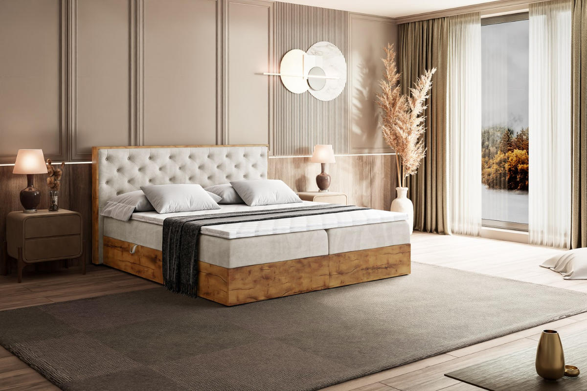 BOXBETT mit Matratze H3 und Lattenrost - LOLLI3 - 200x200 - Beige - Braun, Holzwerkstoff/Kunststoff (200/200cm) - ALTDECOR