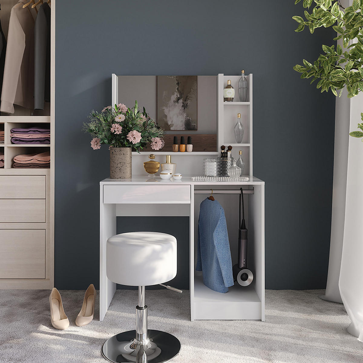 SCHMINKTISCH Sherry Weiß/Weiß Hochglanz 89.8 cm 4 Teile - Weiß Hochglanz, Holzwerkstoff (50.1cm) - Vicco