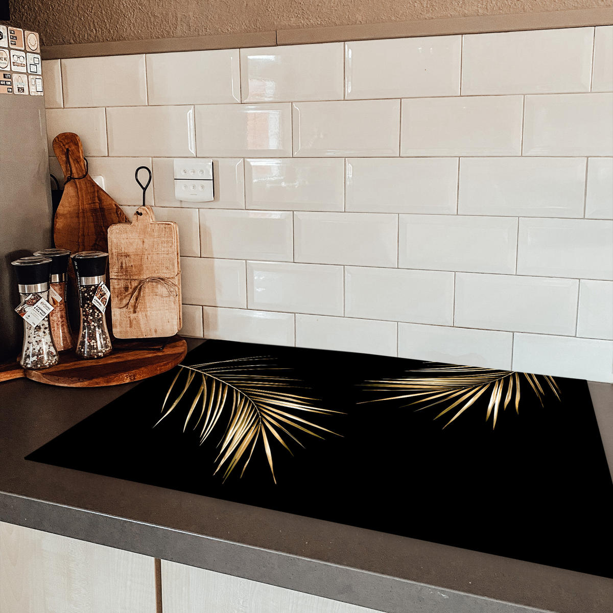 HERDABDECKPLATTE Blätter - Pflanzen - Gold - Schwarz - Luxus 80x52 cm - Goldfarben, Kunststoff (80/52/0.2cm) - MuchoWow