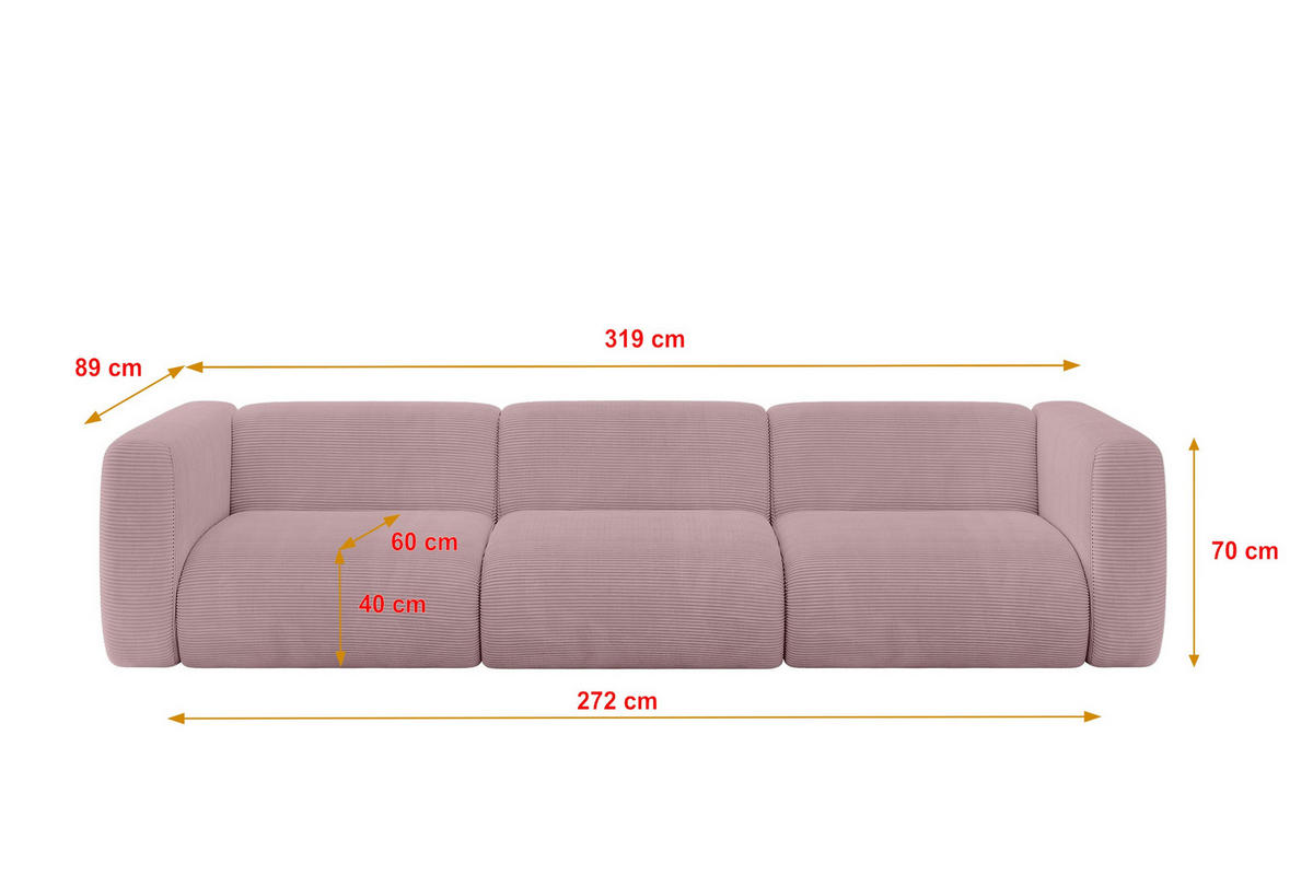 MODULARES Sofa 3-SITZER MIRA-S2 319x89x70 Rosa cm Cord - Schwarz/Rosa, Holzwerkstoff/Kunststoff (319/70/89cm) - ALTDECOR