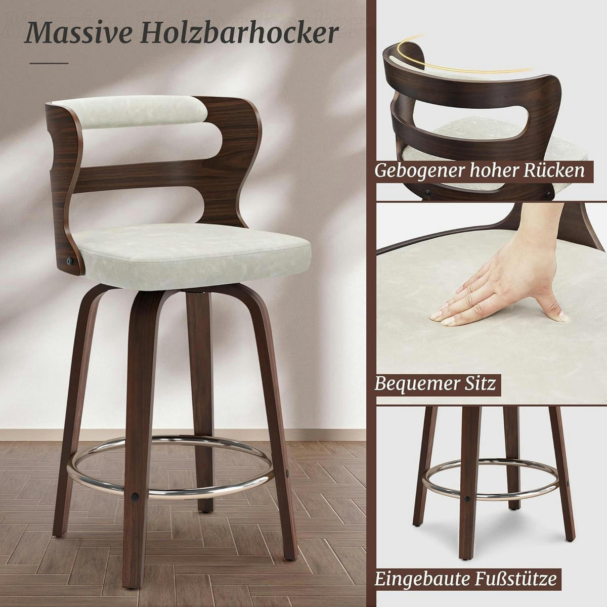 BARHOCKER 2er Set mit Lehne und Armlehnen 66 cm Hoch Holz Kunstleder Beige+Dark Walnut - Beige, Holz (54/94/94cm)