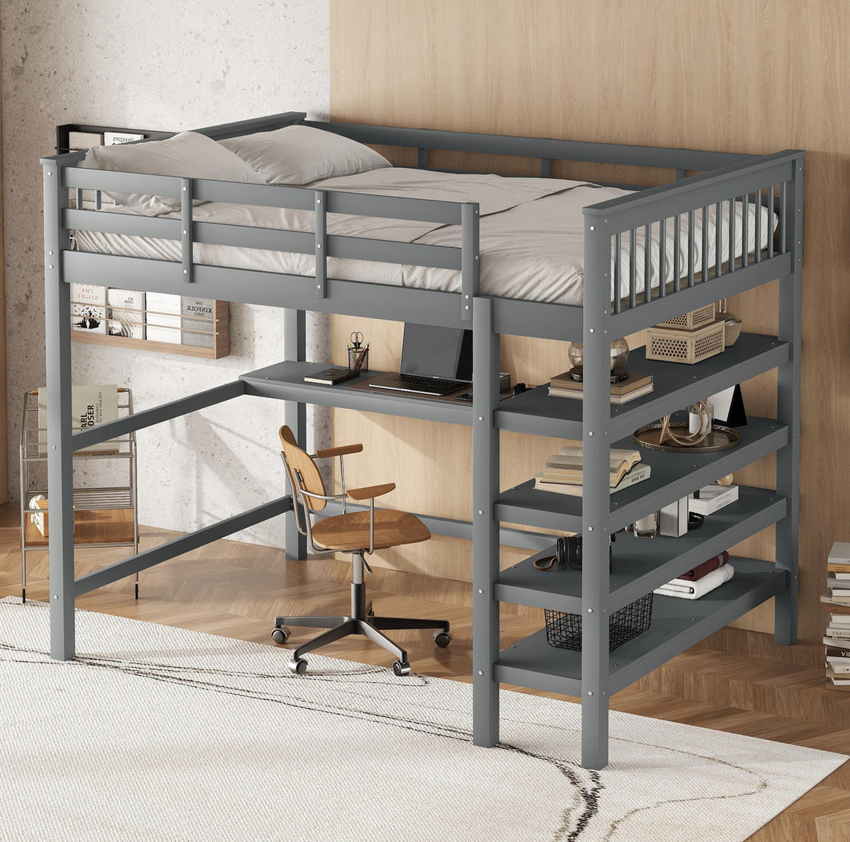 HOCHBETT 140/200 cm grau mit Ablagefächern und Unterbettschreibtisch mit Matratze - Grau, Holzwerkstoff (140/200cm) - OKWISH