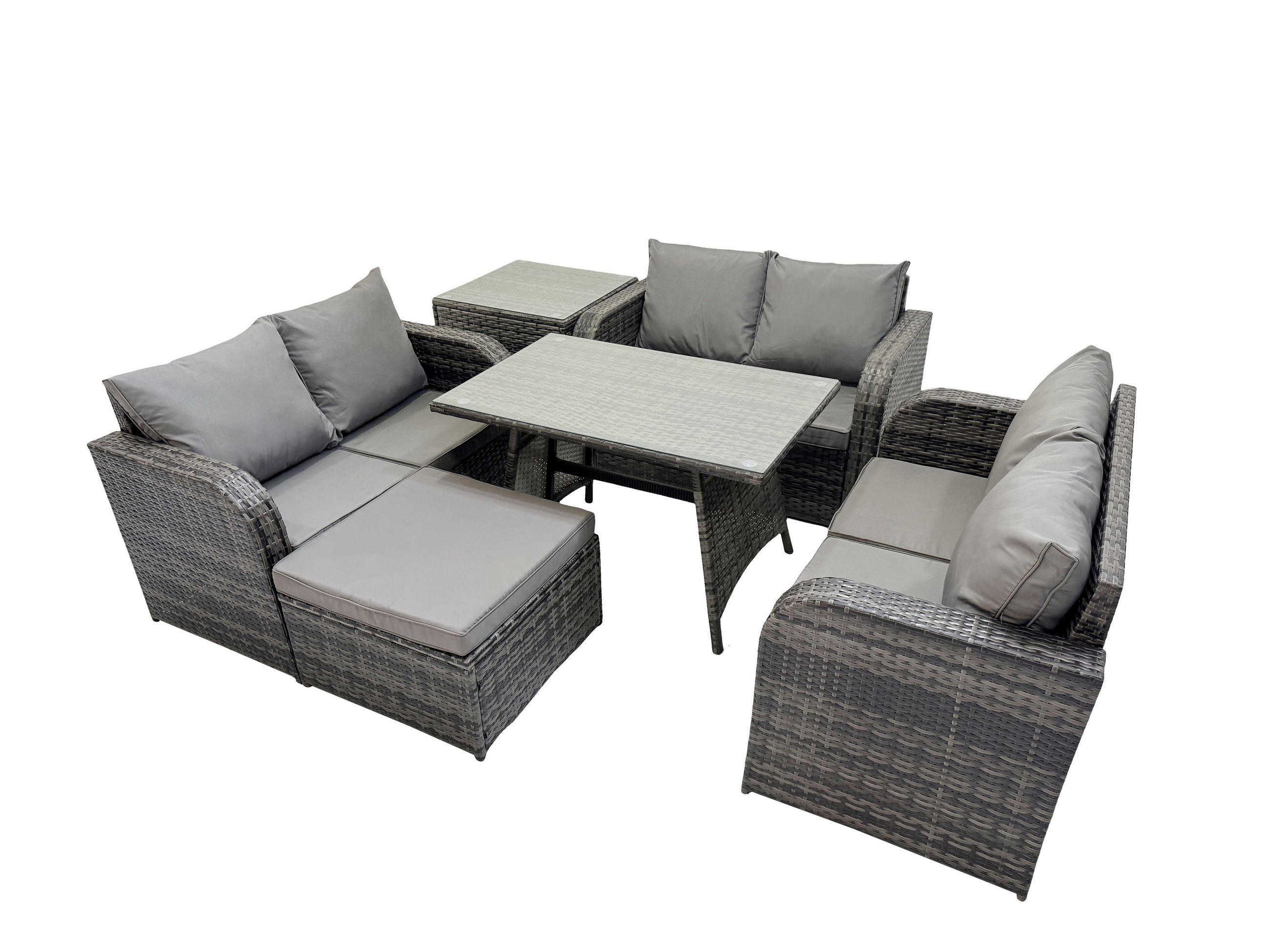 GARTENMÖBELSET mit ESSTISCH,SOFA Polyrattan 7-Sitzer - Dunkelgrau/Grau, Glas/Kunststoff - Fimous