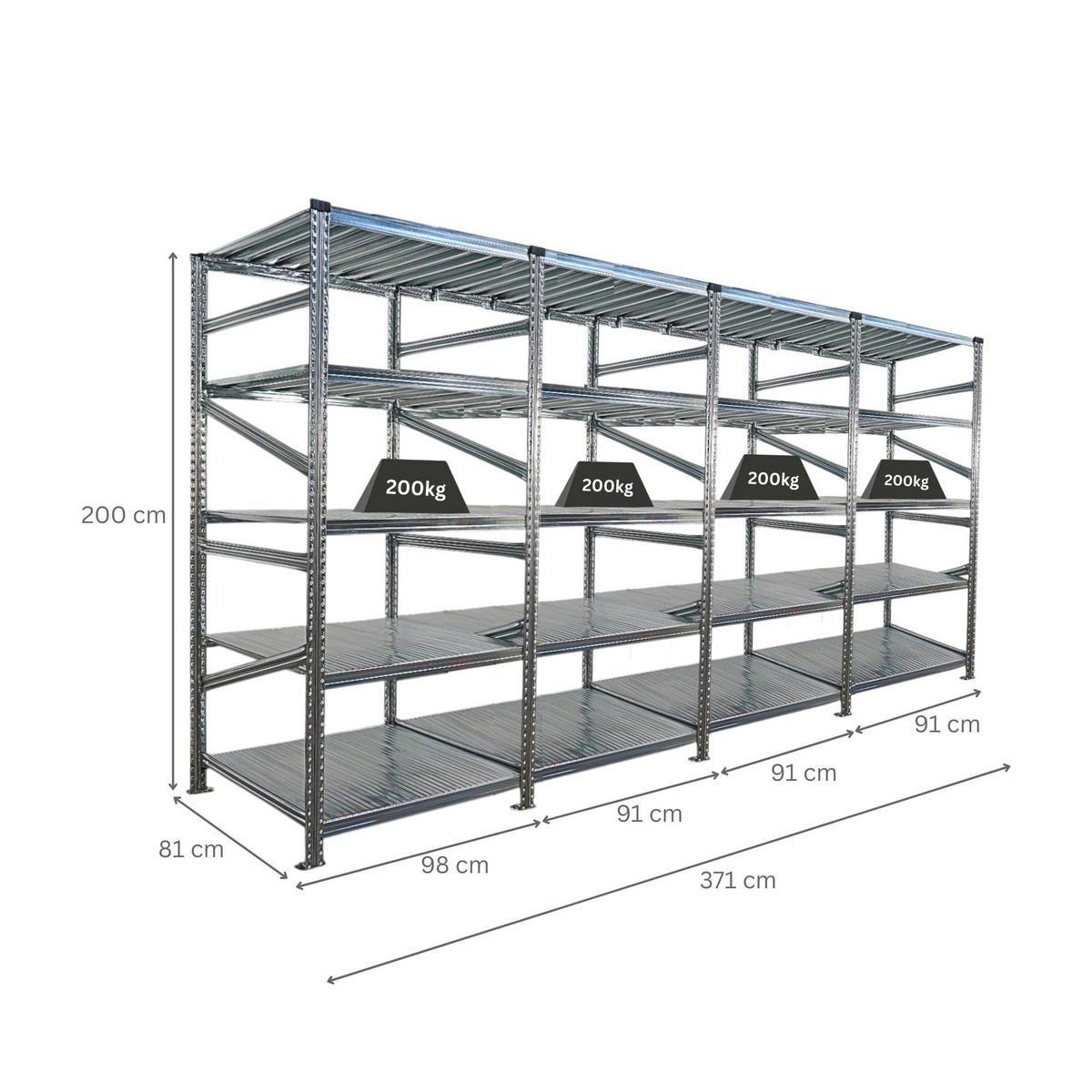 FACHBODENREGAL Proximo Stecksystem 200x360x80cm 5 Ebenen Fachlast 200 kg Beidseitig nutzbar Verzinkt - Silberfarben, Metall (360/200/80cm) - PROREGAL