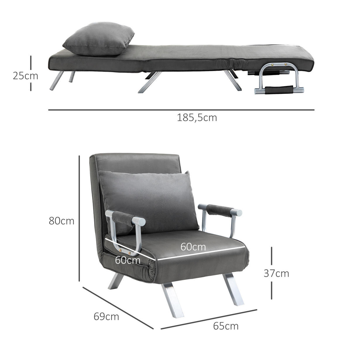 SCHLAFSESSEL, Kunstleder, Metall, Grau - Grau, Kunststoff (69/80/65cm) - HOMCOM