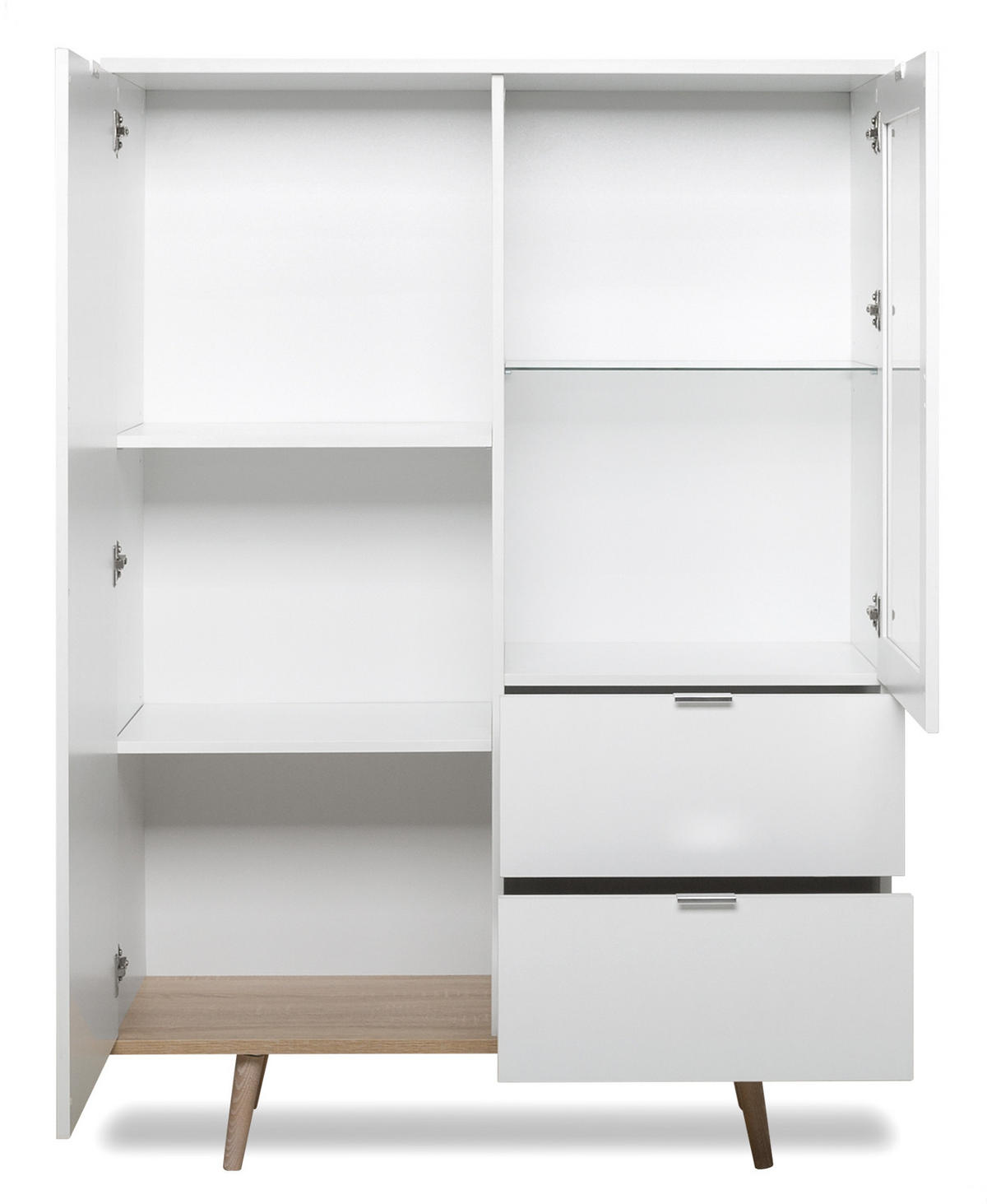 HIGHBOARD weiß matt, Eiche Sonoma massiv, 100 cm, Vitrine skandinavisch - Chromfarben/Eichefarben, Glas/Holz (100/140/40cm) - Furn.Design