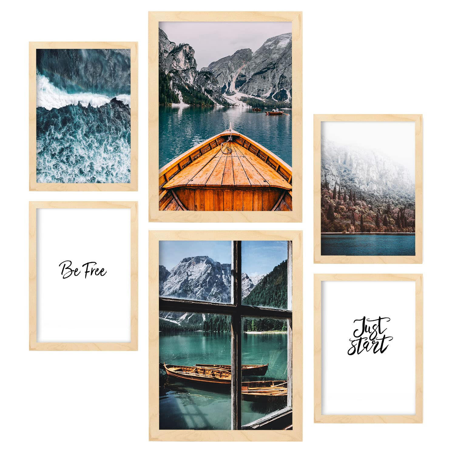 POSTER Set Mit 6 Wintersee Wandbild A3 & A4 Rahmen Aus Hellem Holz - Beige, Papier (29/3cm) - Nacnic