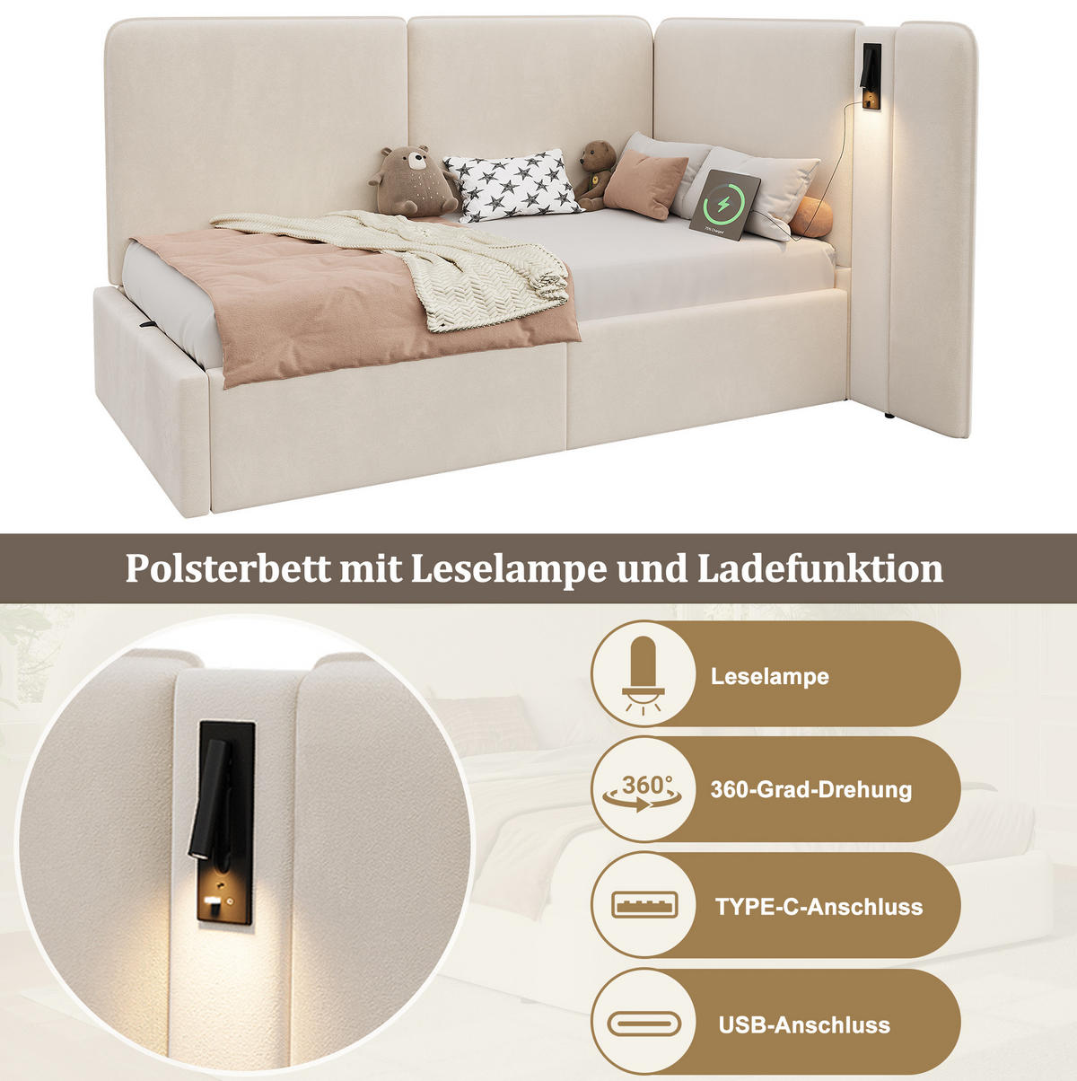 KREVET 90/200 cm s hidrauličnim spremištem, USB-C priključkom i podesivom lampom, Baršun, Bež - bež, tekstil (90/200cm) - Redom