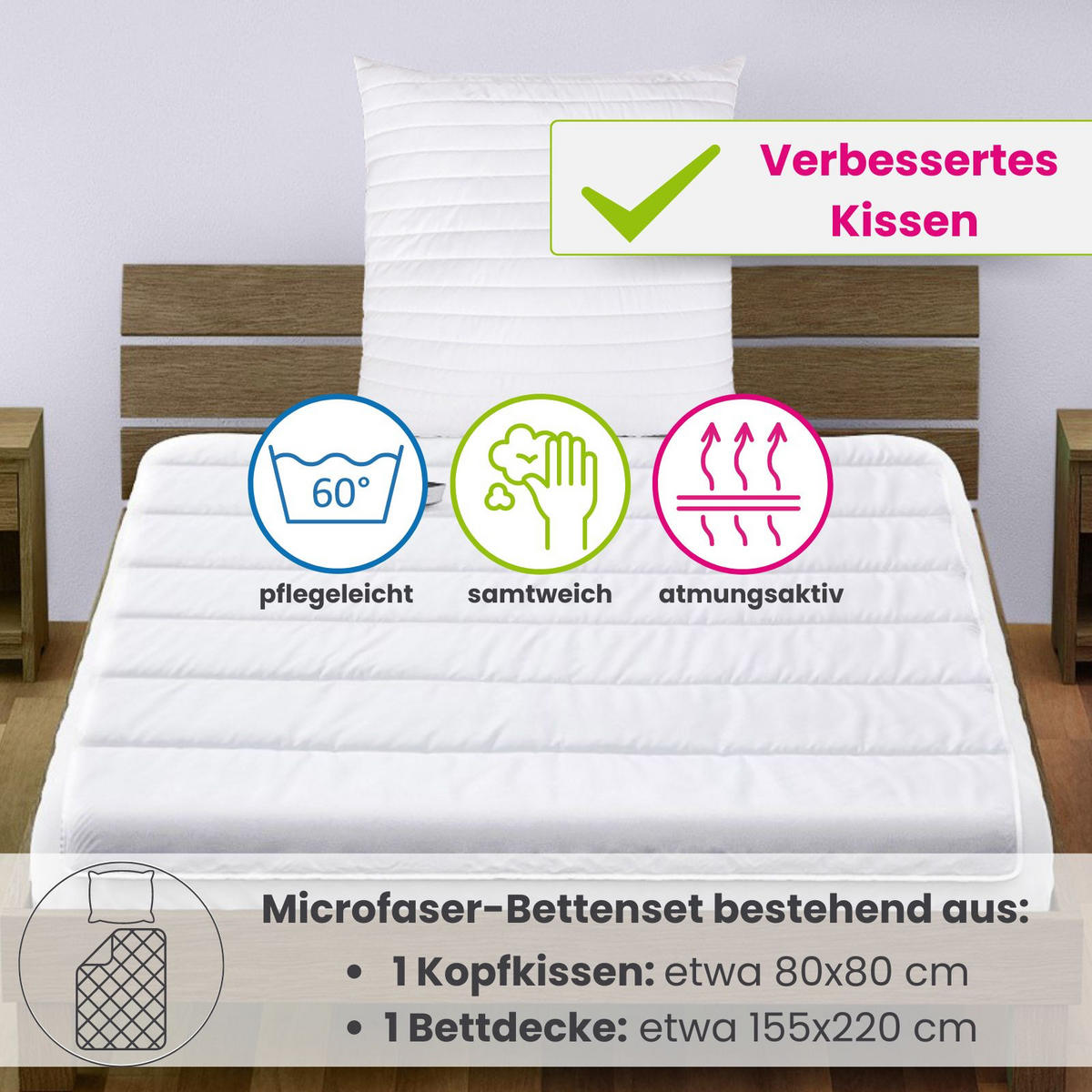 BETTENSET 2er Set Bettdecke und Kopfkissen 155/220 cm Microfaser Ganzjahresdecke - Weiß, Textil (155/220cm) - wometo