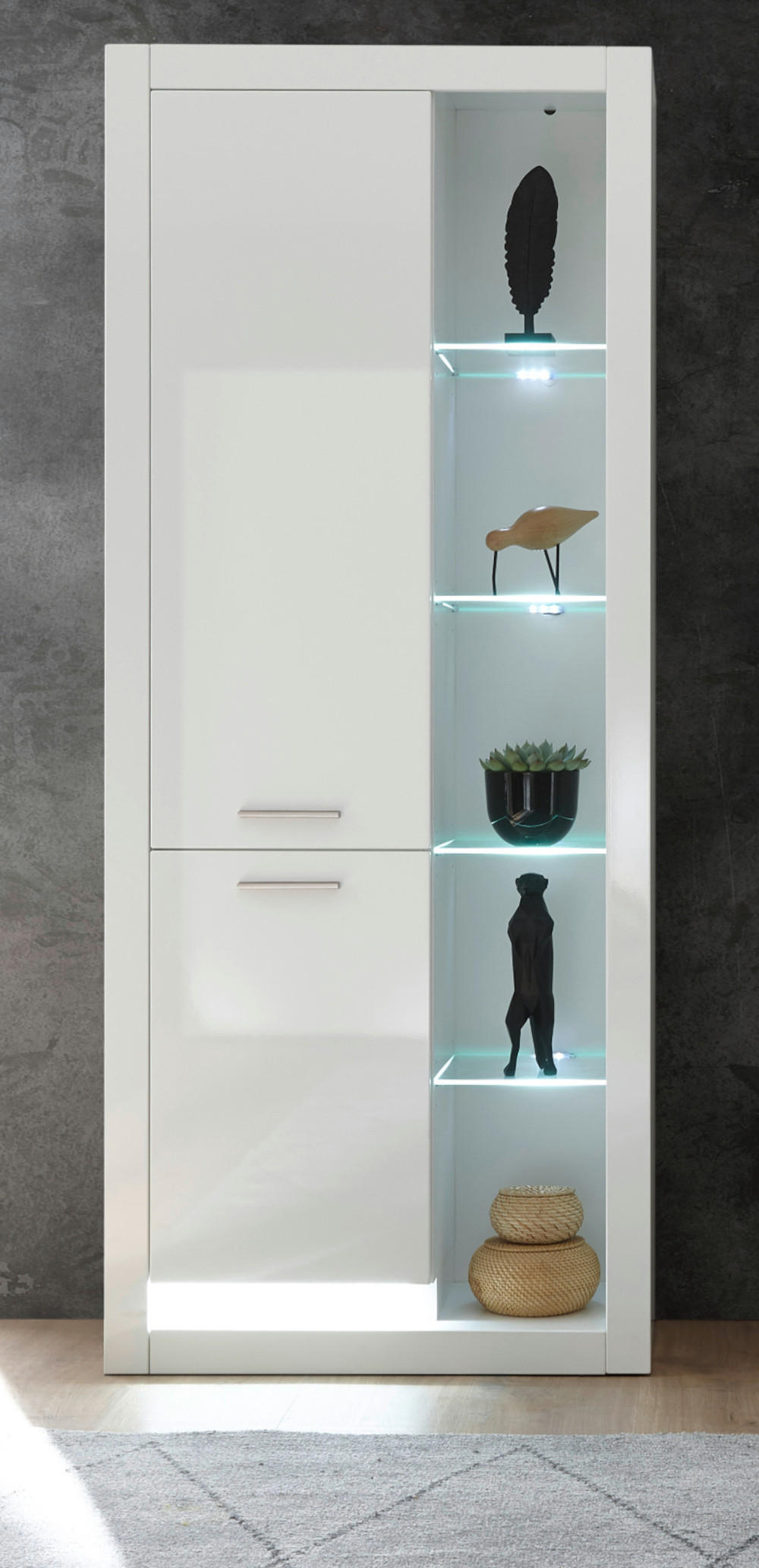 VITRINE weiß Hochglanz 80 cm, Vitrinenschrank mit 10 Fächern - Weiß Hochglanz/Silberfarben, Glas/Holzwerkstoff (80/195/37cm) - Furn.Design
