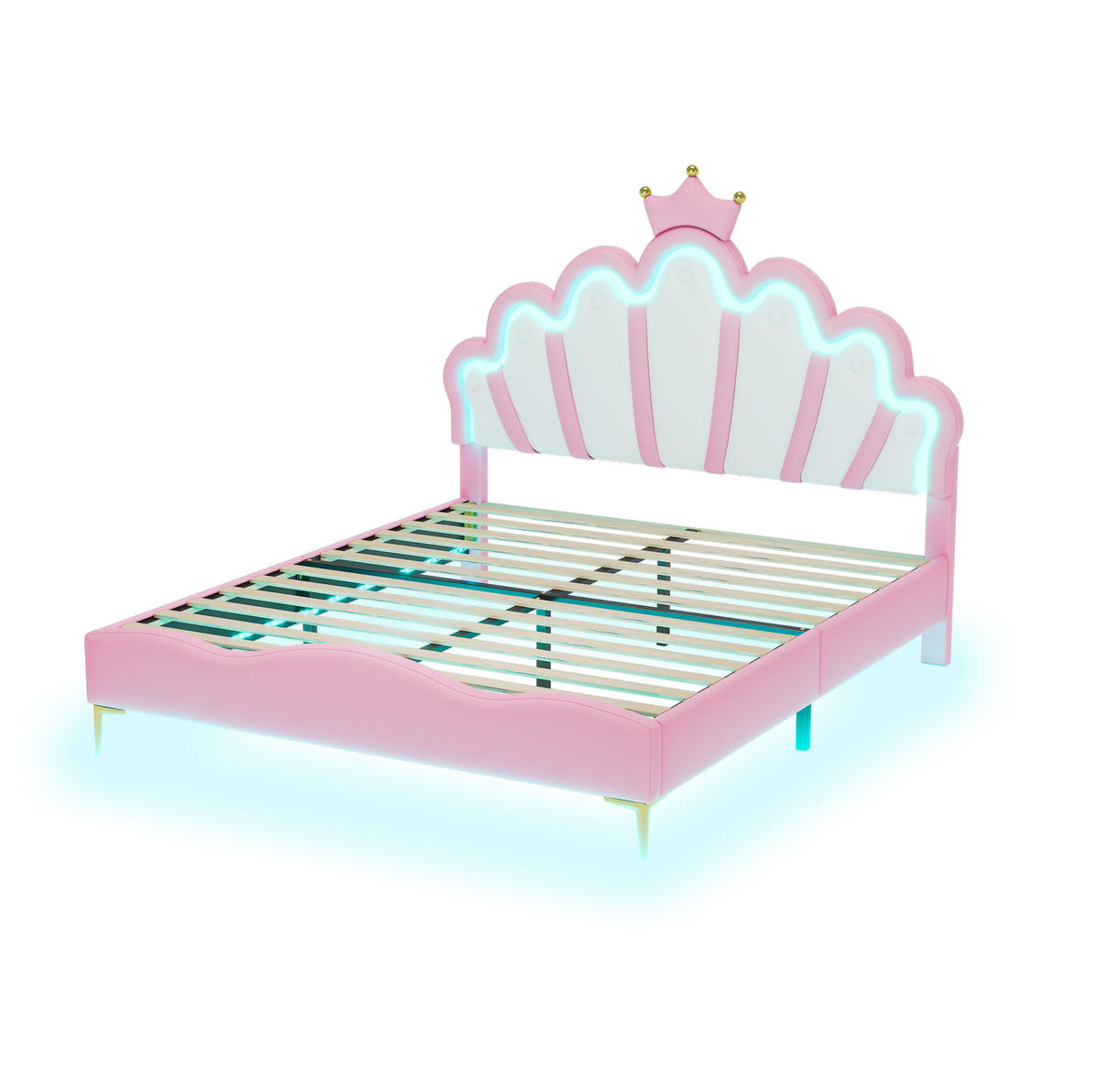 KINDERBETT 140/200 cm Rosa mit krönendem Kopfteil und LED-Beleuchtung - Rosa, Kunststoff (140/200cm) - OKWISH