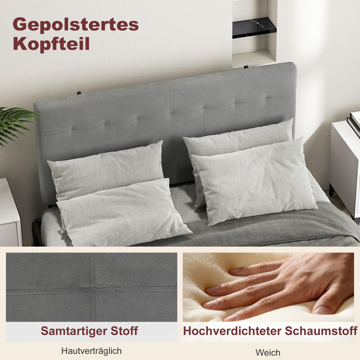 KOPFTEIL DE-10862 3-fach höhenverstellbar 106-126 cm Samtoptik Grau - Grau, Metall (10/126/140cm) - ComfortXL