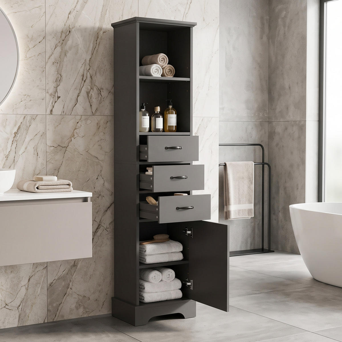 BADEZIMMERSCHRANK Schwarz Hochschrank mit 3 Schubladen, Tür & verstellbaren Böden - Schwarz, Holzwerkstoff (38/172.5/26cm) - Urban Meuble