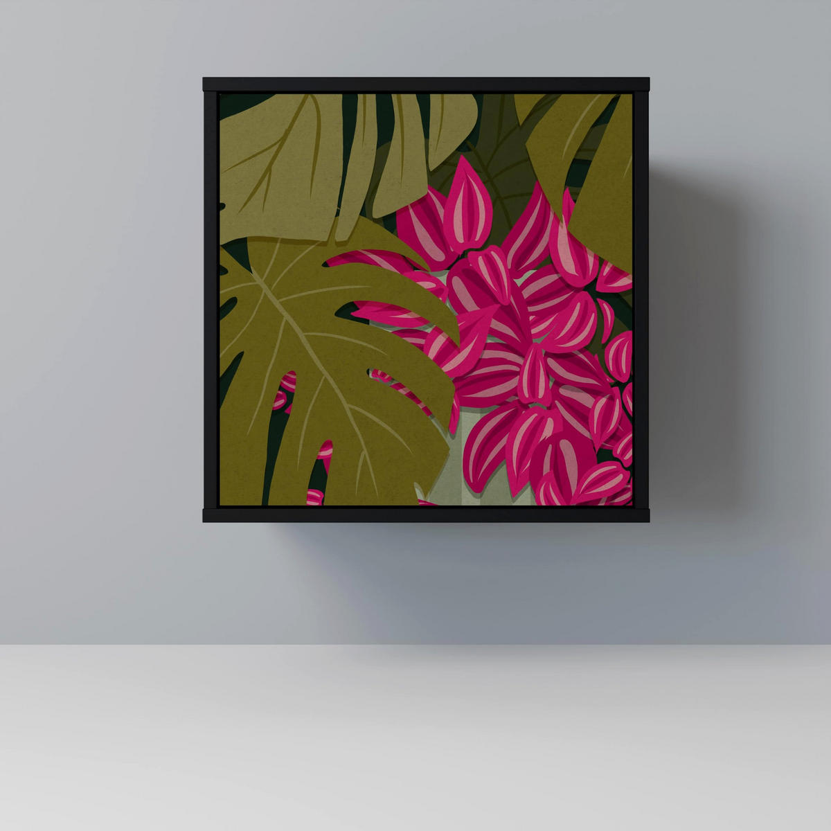 SIDEBOARD TROPICAL BEAUTY, Schwarz, 57,5x42x72,5 cm, Schwarze Metallfüße - Multicolor/Schwarz, Holzwerkstoff/Metall (57.5/72.5/42cm) - SpaceRebels