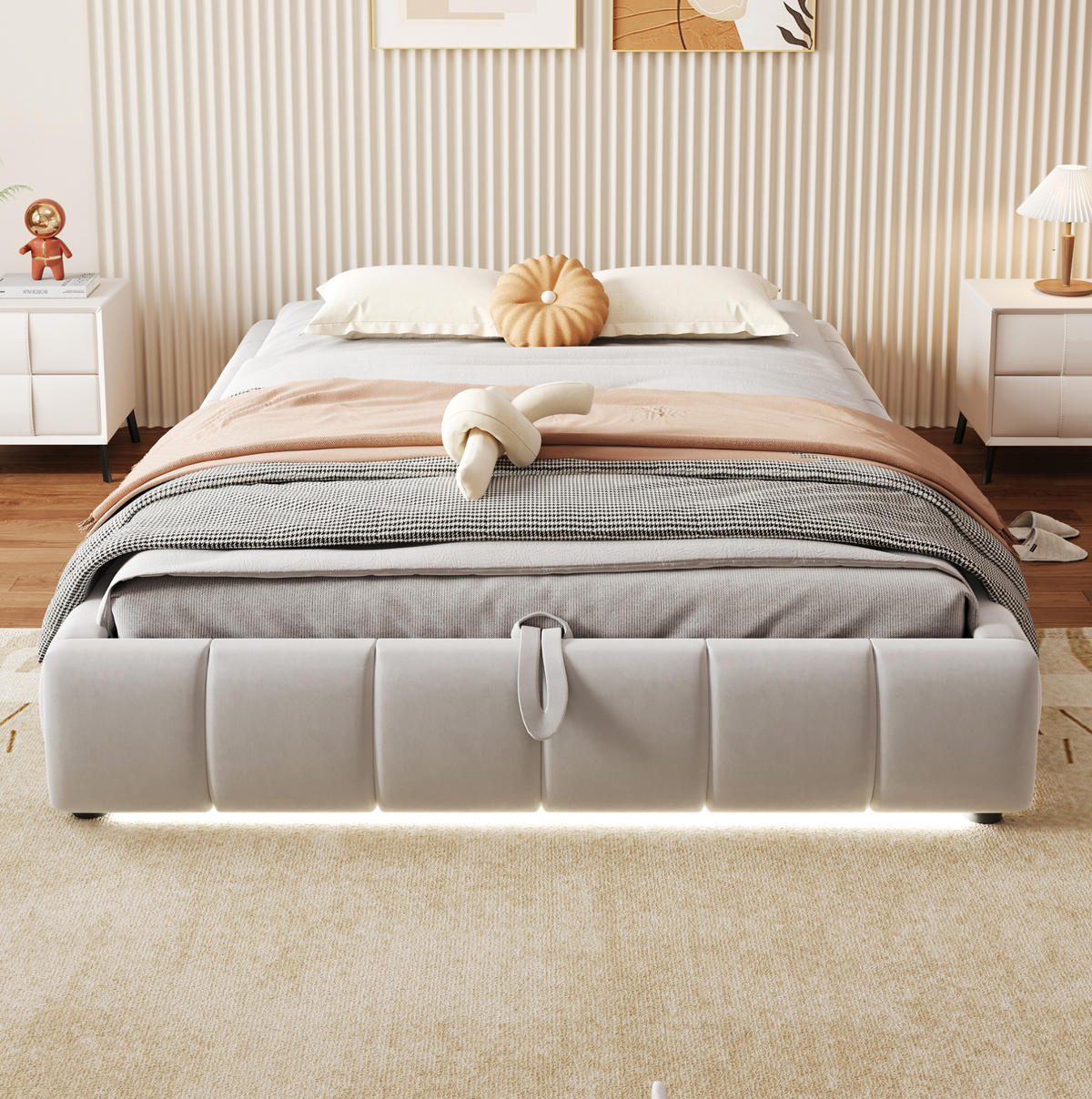 POLSTERBETT 140/200 cm in Beige mit Stauraum und LED-Beleuchtung - Beige, Textil (140/200cm) - Flora Grace