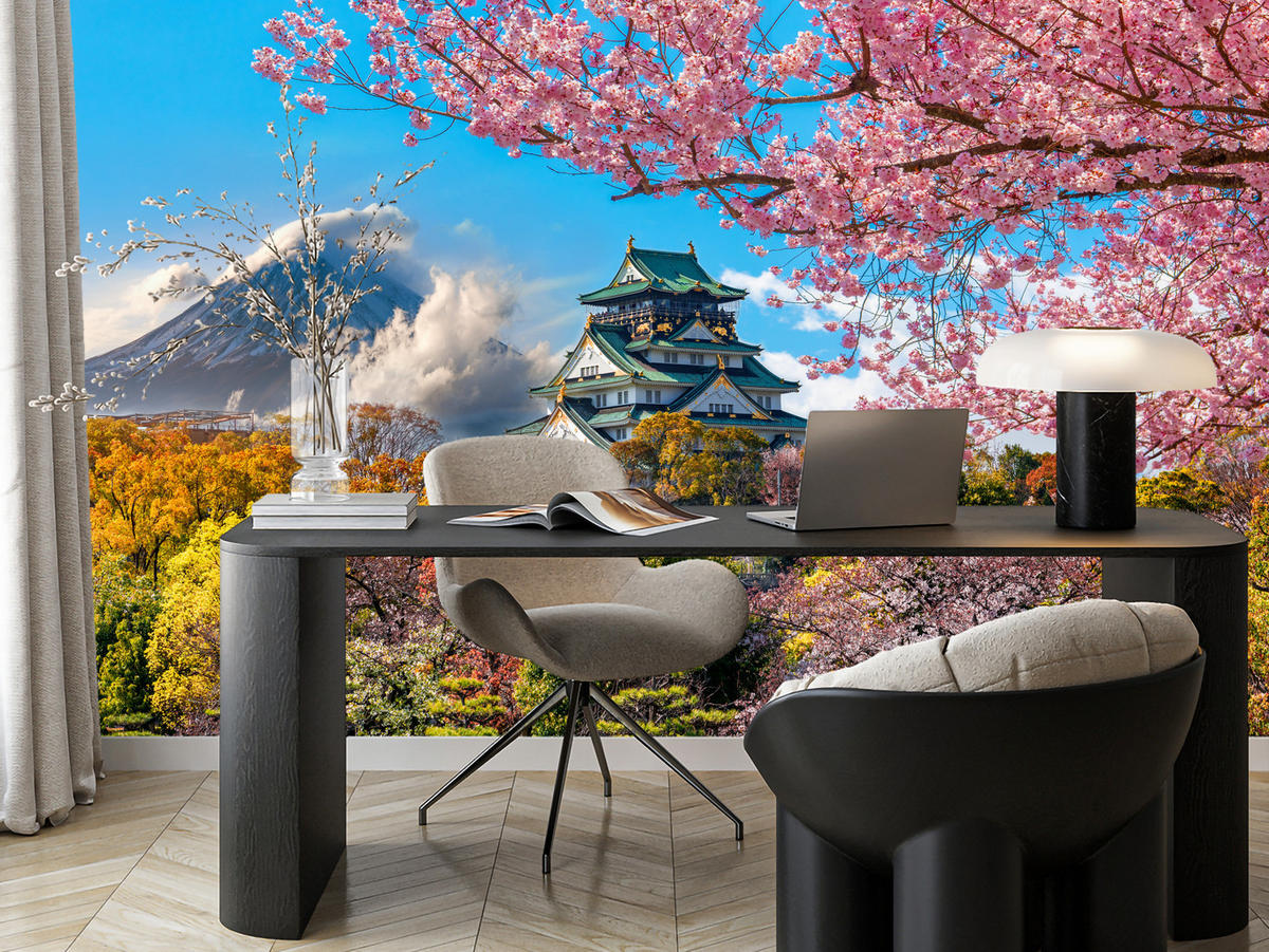 FOTOTAPETE für Wohnzimmer Kirschblüten Osaka Burg Japan Berge Bäume 200x140 - Gelb/Rosa, Papier (200/140cm) - Muralo