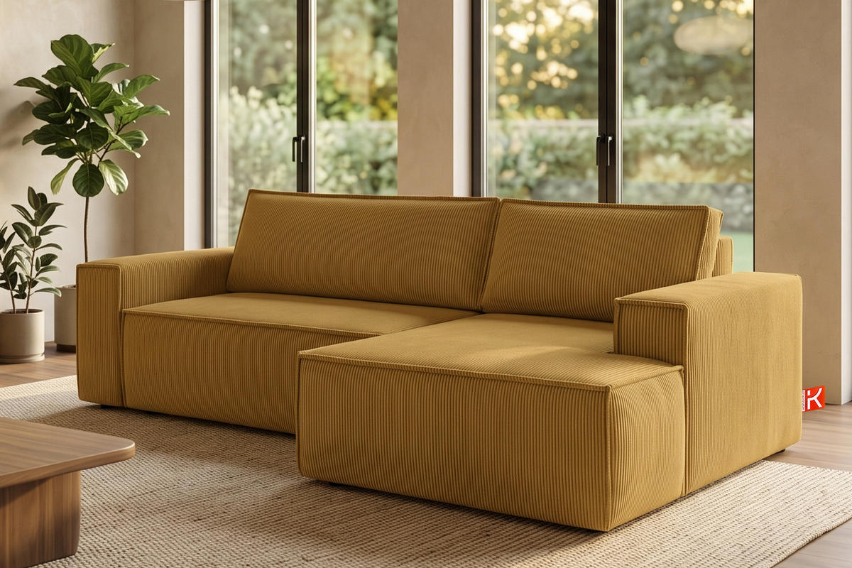 ECKSCHLAFSOFA-RECHTS NAPI in Pet Friendly Cord-Stoff, gelb - Gelb/Schwarz, Textil (262/148cm) - KONSIMO®