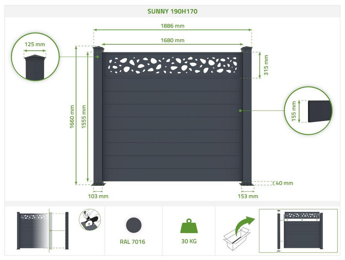 SICHTSCHUTZZAUN 5er-Set Sunny grau 1,9m H.170cm aluminium - Grau, Metall (945/166cm) - Casanoov