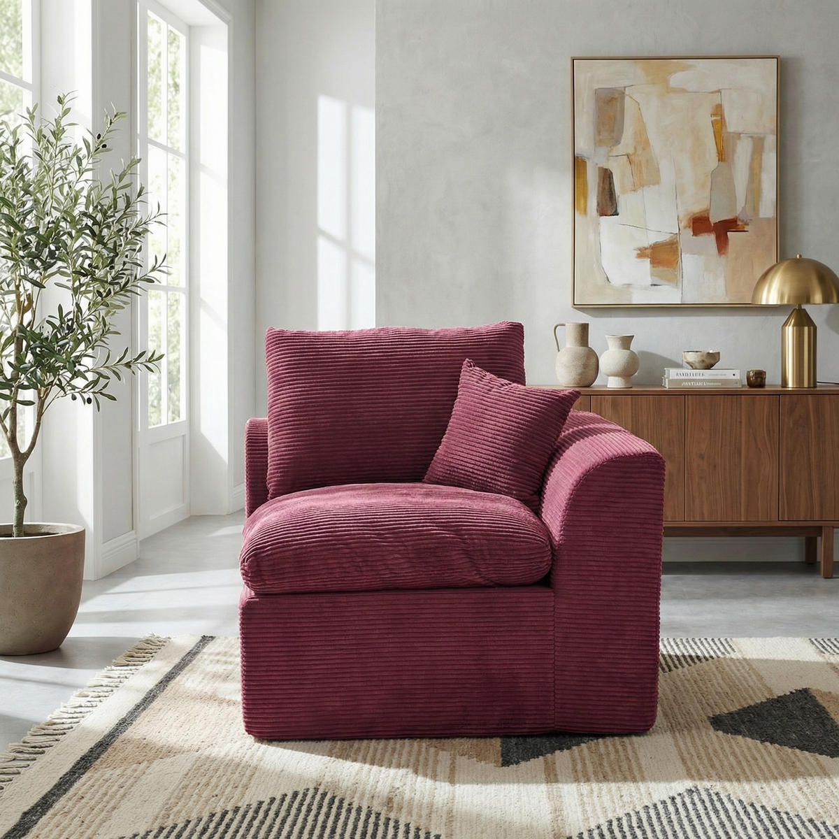 SESSEL Cord-Sofa mit Federkern-Polsterung und Kissen, Montagefrei - Dunkelrot, Textil (101/84/102cm) - Urban Meuble