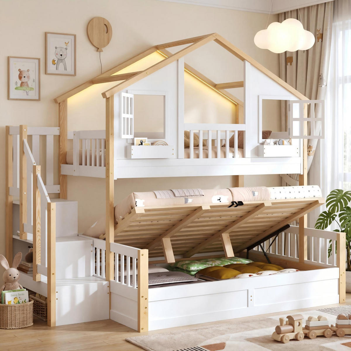 ETAGENBETT 90/200 cm & 140/200 cm in Weiß & Natur mit Stauraumtreppe und LED - Weiß/Naturfarben, Holzwerkstoff/Metall (140/200cm) - WISHDOR