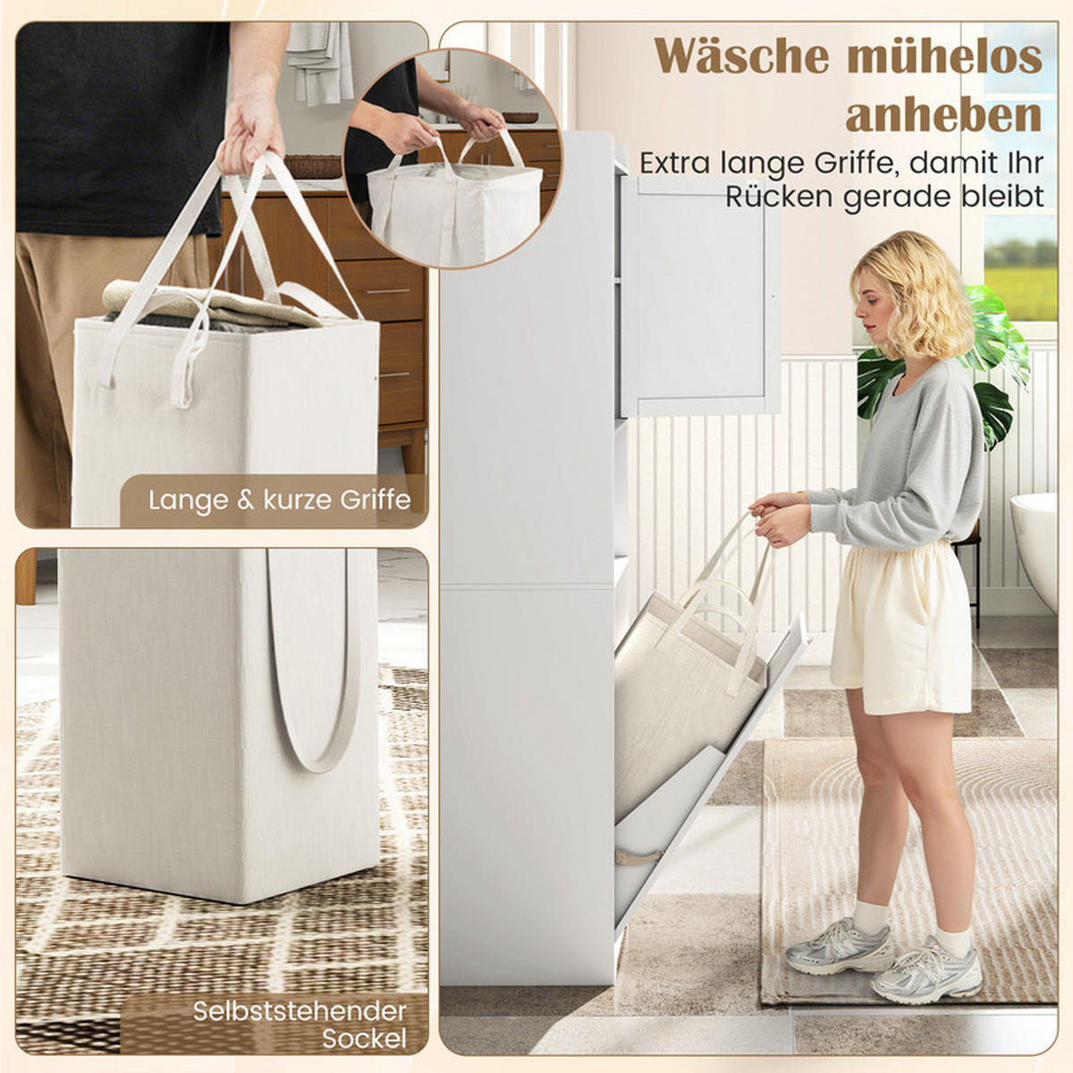 BADEZIMMER-HOCHSCHRANK mit Wäschekorb weiß - Weiß, Holzwerkstoff (40/170/40cm) - COSTWAY