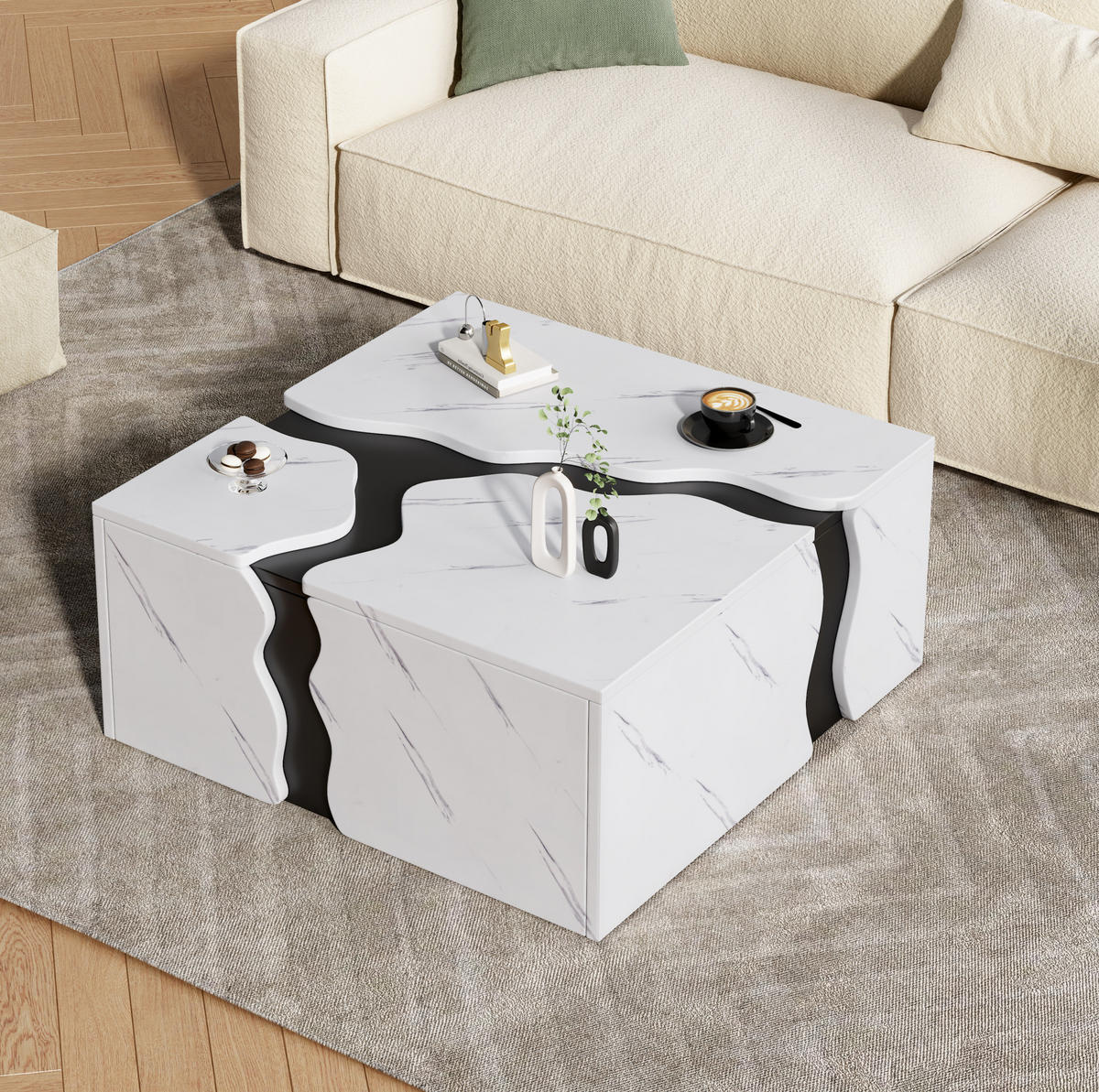 COUCHTISCH aus Spanplatte 70x70x31 cm Weiß in Marmoroptik mit Schublade - Weiß, Holzwerkstoff (70/70/31cm) - IVMEU