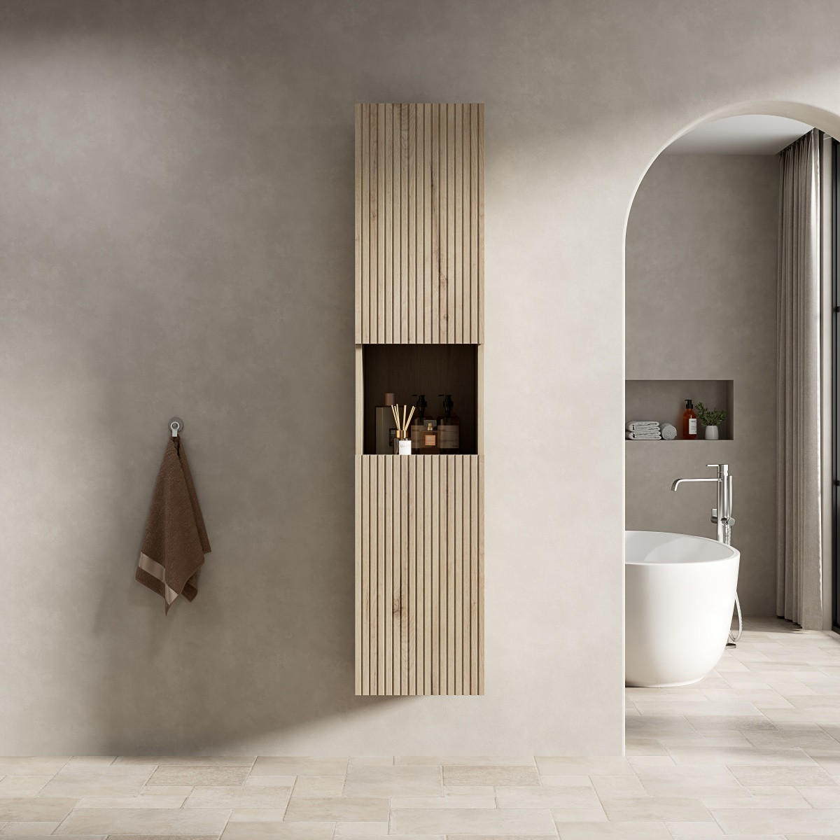 BAD-HOCHSCHRANK 160 cm,Schmal 2 Türen Offenes Fach Aufbewahrungsschrank Weiße Eiche - Weiß, Holz (140/30/24cm) - PARAFTA HOME