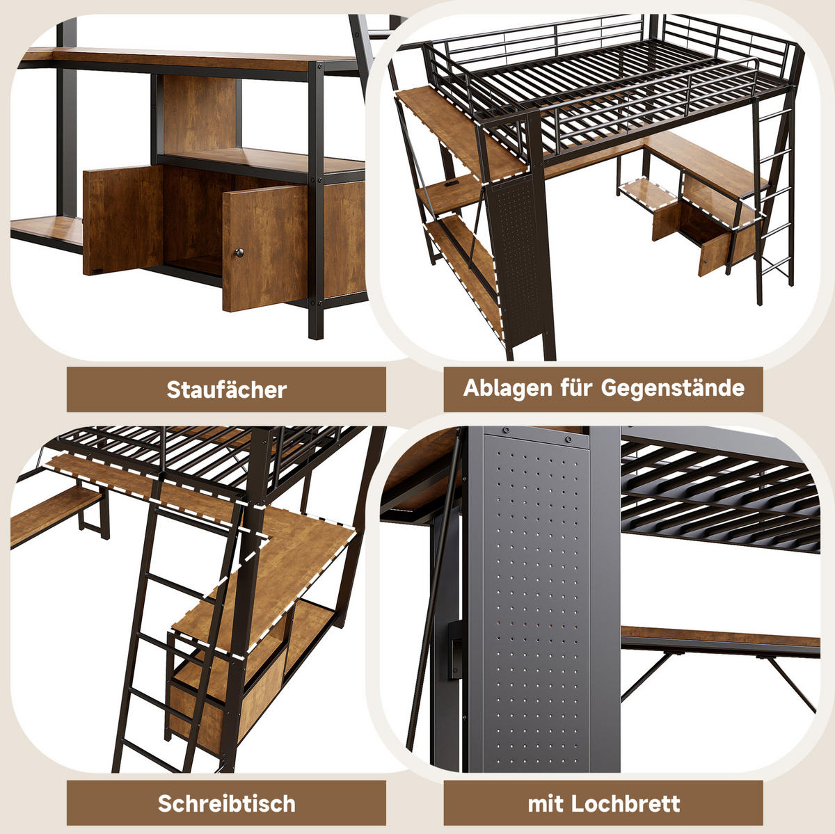 HOCHBETT 140/200 cm aus Metall mit Schreibtisch, Stauraum und LED-Beleuchtung - Schwarz, Metall (140/200cm) - Flora Grace