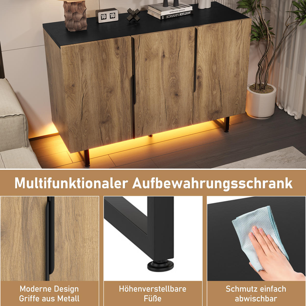 SIDEBOARD mit LED-Beleuchtung - Verstellbare Regalböden, justierbare Füße und freistehende Konstruktion - Natur - Naturfarben, Holz/Holzwerkstoff (38/80/120cm) - KOMHTOM