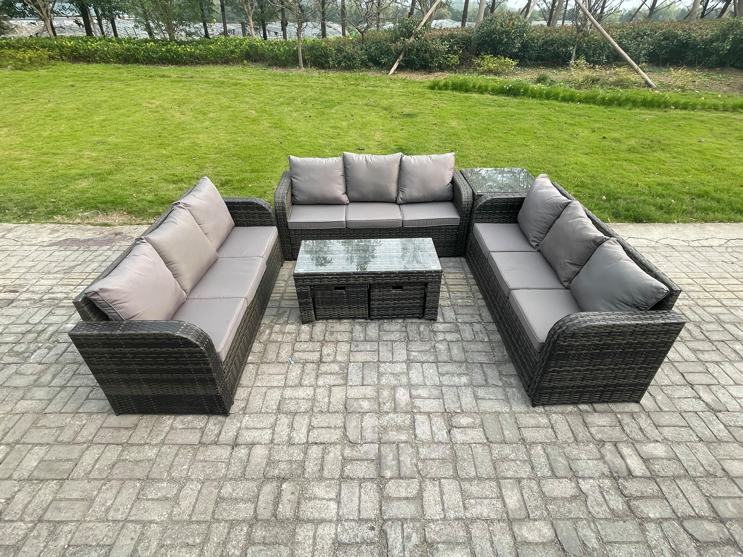 GARTENSOFA SET mit rechteckigem COUCHTISCH Polyrattan 11-Sitzer Dunkelgrau - Dunkelgrau/Grau, Glas/Kunststoff - Fimous