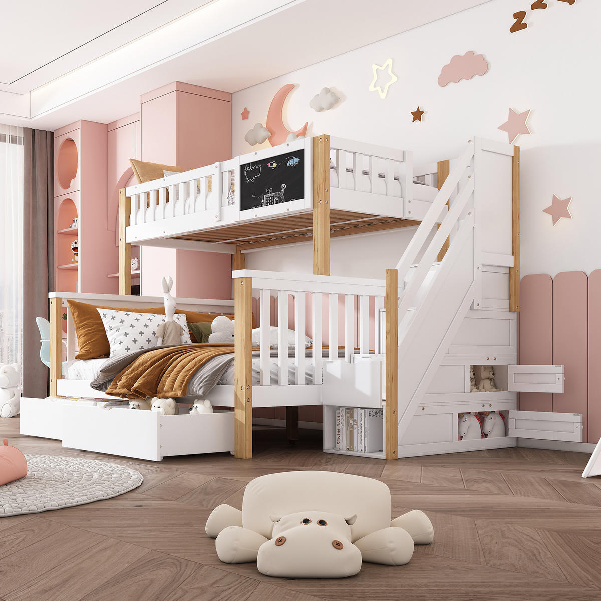 KINDER-ETAGENBETT 90x200+140x200 Tafel Schubladen Weiß Eiche - Multicolor, Holzwerkstoff (140/200cm) - FLIEKS