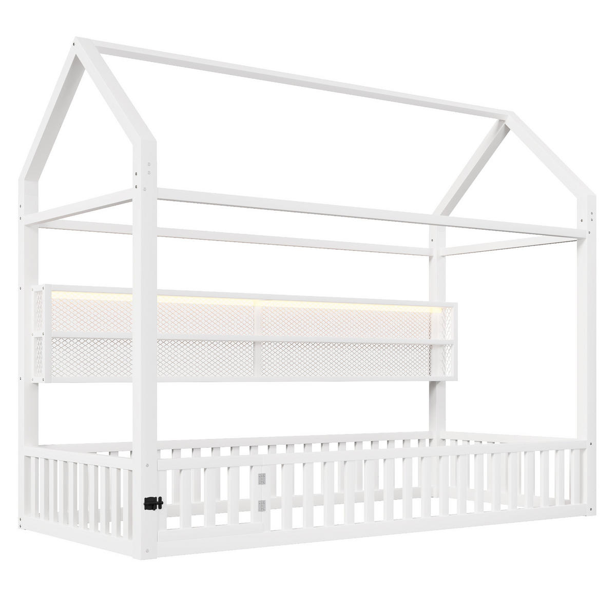 KINDERBETT aus Metall 90x200 cm Weiß mit Sicherheitszaun, LED-Beleuchtung und hausförmigem Dach - Weiß, Metall (90/200cm) - Modfu