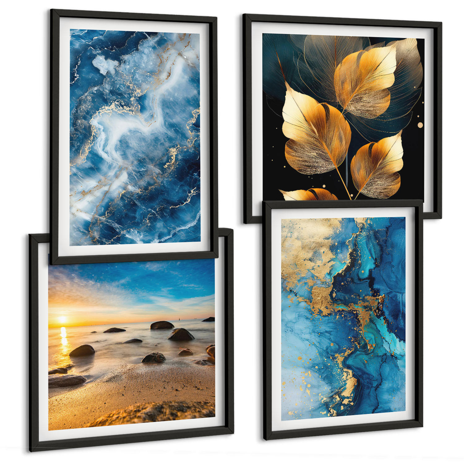 BILDER SET 4er Set - 50x50 cm & 40x60 cm Schwarzer Rahmen - Bilder mit blau-goldenen Mustern - Schwarz, Kunststoff (50/50cm) - TULUP