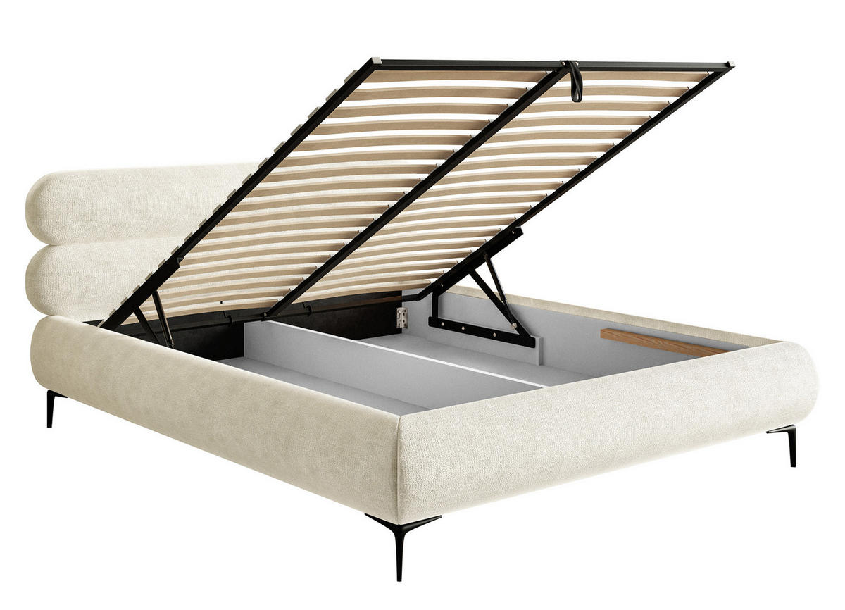 POLSTERBETT Roule Cremeweiß Chenille mit schwarzen Metallbeinen und Bettkasten 140 cm - Creme/Schwarz, Textil/Metall (140/200cm) - Selsey