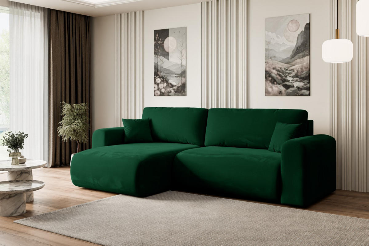 ECKSOFA mit Schlaffunktion und Bettkasten ORRO-L - 272x145x83 cm Grün Velours - Schwarz/Grün, Holzwerkstoff/Kunststoff (272/145cm) - ALTDECOR