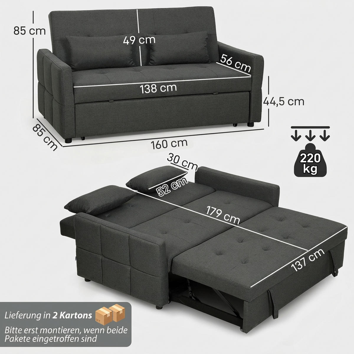 SCHLAFSOFA Polyester Dunkelgrau - Dunkelgrau/Schwarz, Kunststoff/Textil (85/85/160cm) - HOMCOM