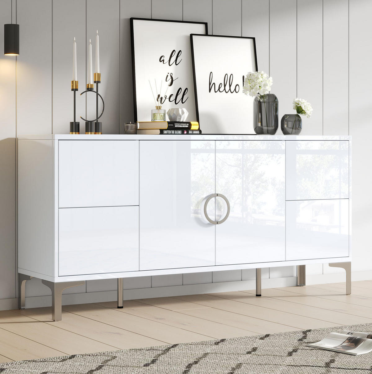 SIDEBOARD aus MDF 150x38x59,5 cm Weiß mit 4 Schubladen, 2 Türen und Hochglanzoberfläche - Weiß, Holzwerkstoff (150/59.5/38cm) - Modfu